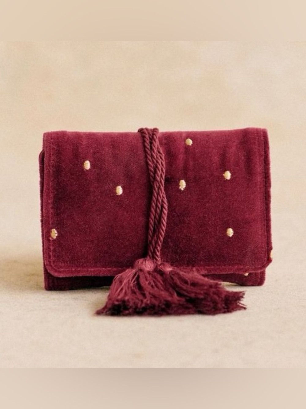 sezane velvet polka dot trifold tassel wrap small jewelry holder